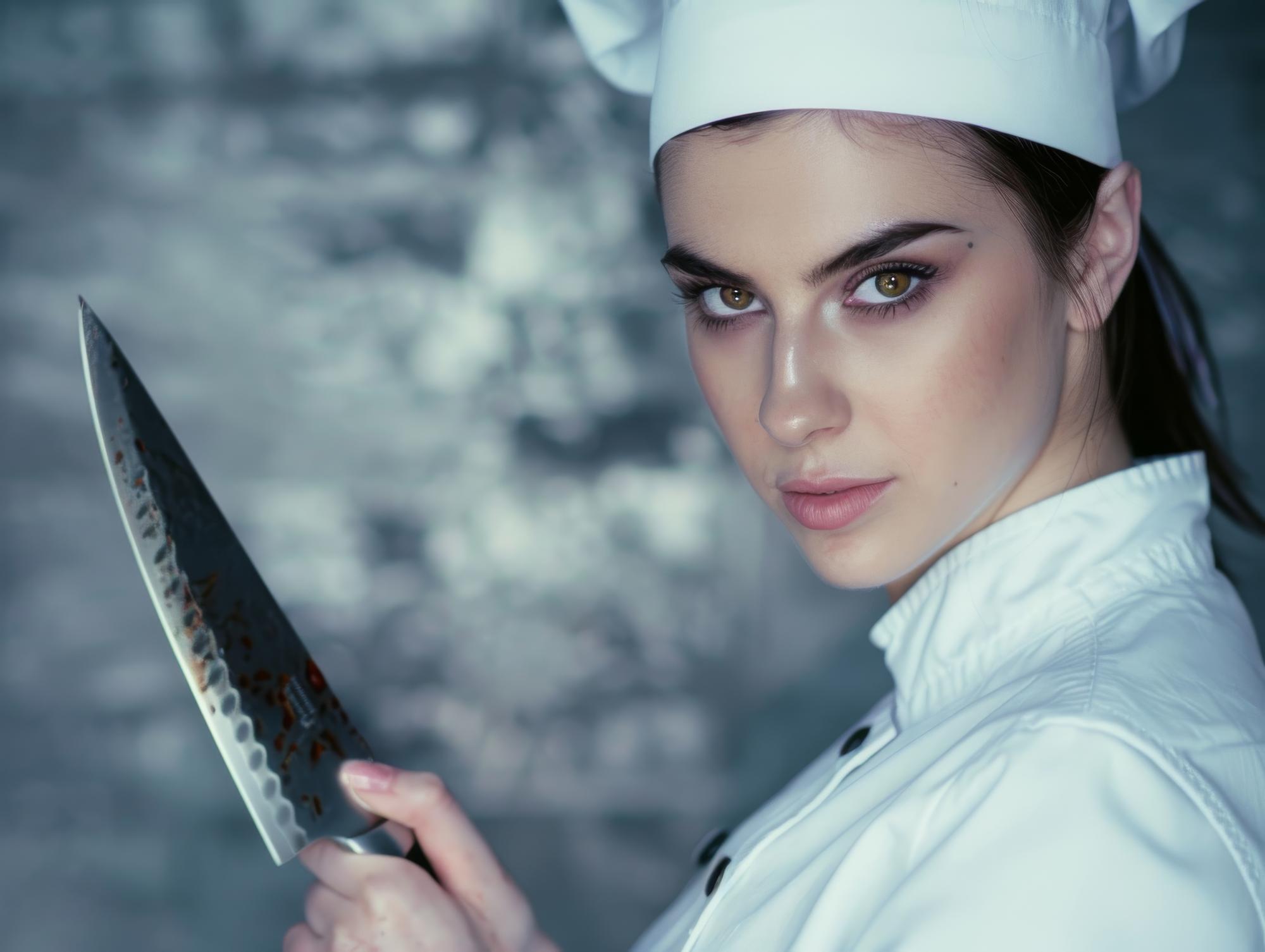 Student practicing knife skills in modern kitchen