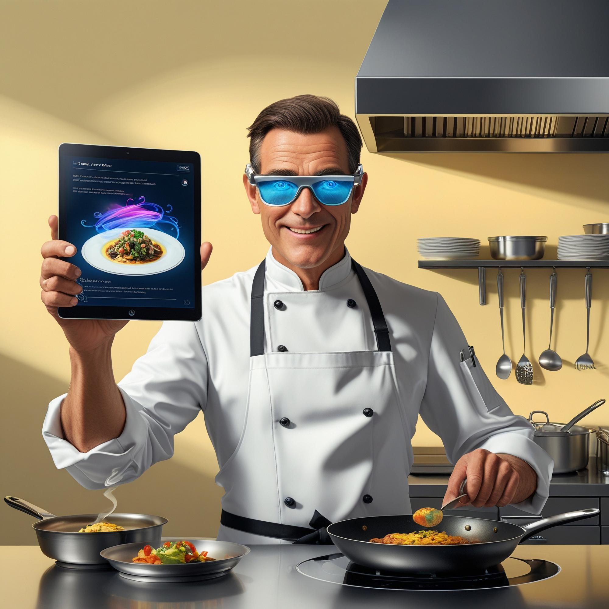 Virtual cooking mentor demonstrating technique on a futuristic screen